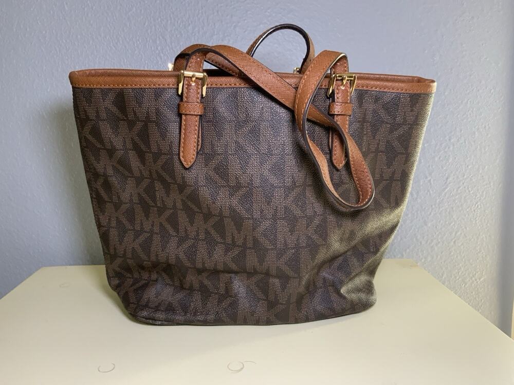 Michael Kors Signature Bag Jet Set Medium Snap Pocket Tote Bag Brown Classic